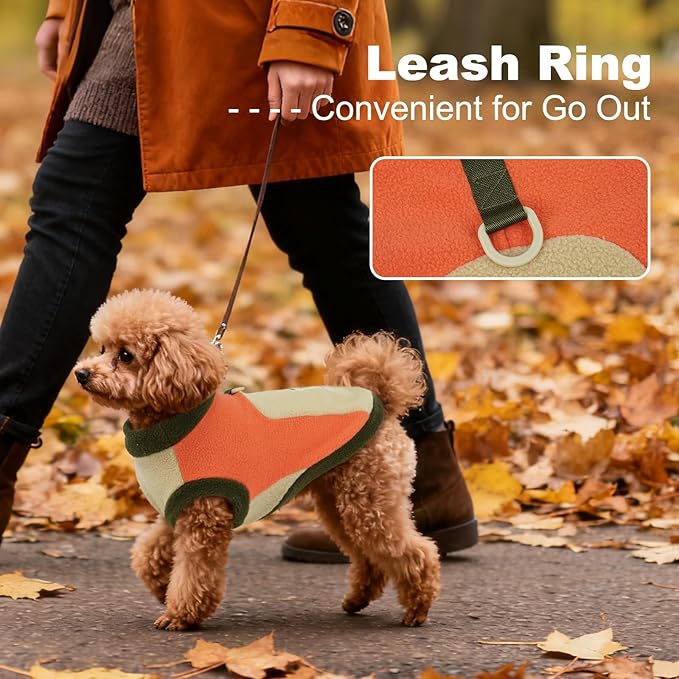 Dog Coat Fleece for Outdoor Indoor, Warm & Soft Sweaters for Dogs,Fall & Winter, Sleeveless & Stretch Cold Weather Vest with Leash Ring,Machine Washable,Orange,Size XL