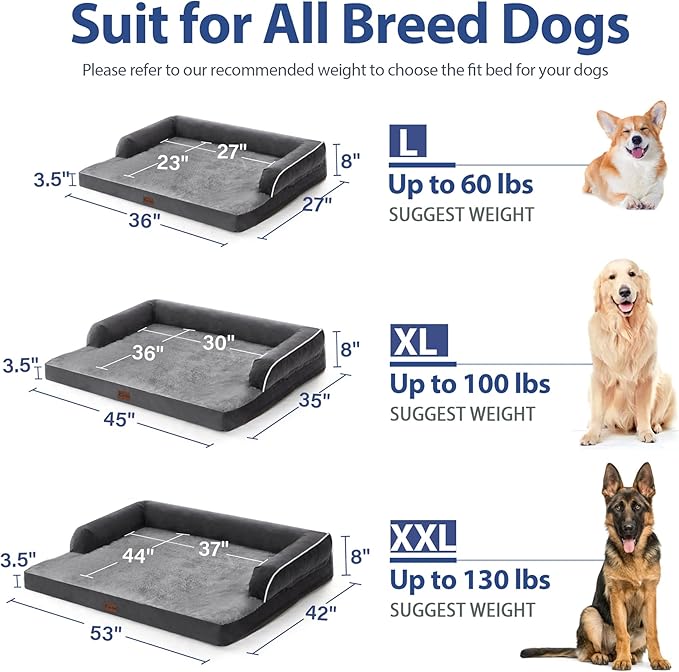 Orthopedic Dog Beds for Large Sized Dogs, Waterproof Egg Crate Foam Large Dog Couch Beds with Comfy Bolster 36x27Inch, Washable Pet Beds with Removable Cover and Nonskid Bottom, Dark Grey