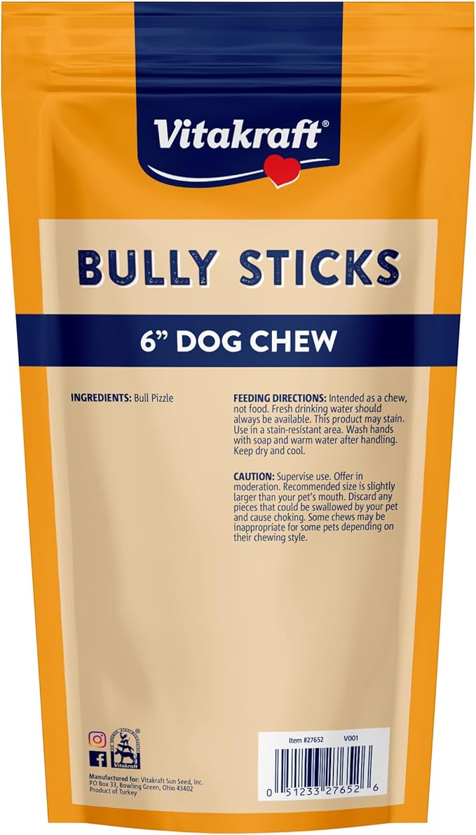 Vitakraft Dog Bully Sticks, 6 inch, 5 Count, 6 oz.