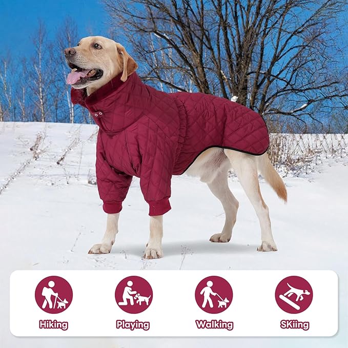 IDOMIK Dog Winter Coat for Large Dogs, Warm Dog Winter Jacket with Fleece High Collar, Zippered Cold Weather Coats for Dogs, Waterproof Doggy Snow Jacket Clothes,WineRed,2XL