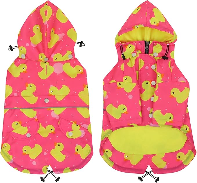 HDE Dog Raincoat Poncho Double Layer Zip Rain Jacket with Removable Hood, Leash Hole for Small to 3XL Dogs and Puppies Ducks Pink - 3XL