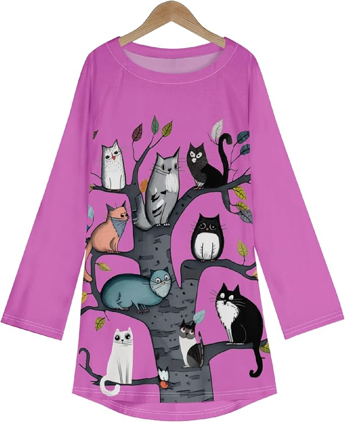 Womens Tunic Shirt Cute Cat Print Long Sleeve Round Neck Women T Shirts Cotton Casual Plus Size Vacation Tunics Tops