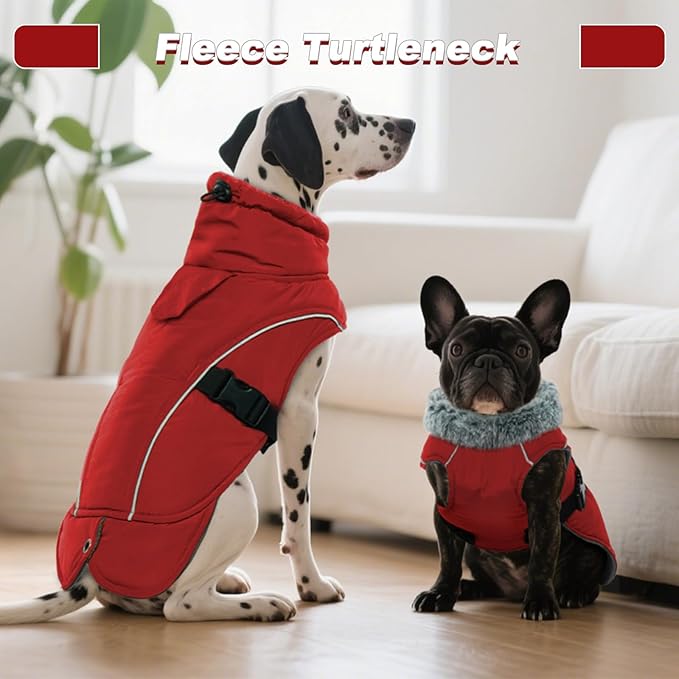 DENTRUN Large Dog Coat - Thick Fleece Lined Reflective Winter Jacket, Snap Closure & Leash Hole, Warm Thick Fleece Lined, Plush Turtleneck Vest for German Shepherd, Red, XXL