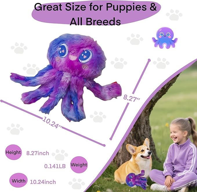 Clairooo Squeaky Dog Toys, Colorful Crinkle Octopus, Plush Dog Toys for Chewing, Interactive, Soft Fabric for Small, Medium & Large Dogs, Daily Companionship, Training Reward, (Purple)