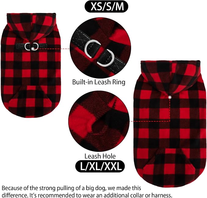 EXPAWLORER Dog Hoodie Fleece Sweater Vest, Plaid Dog Sweatshirt Fall Winter Pet Clothes with Leash Hole, Sleeveless Warm Cozy Puppy Clothing for Cat Small Medium Large Dogs Girl Boy, Checkered XL