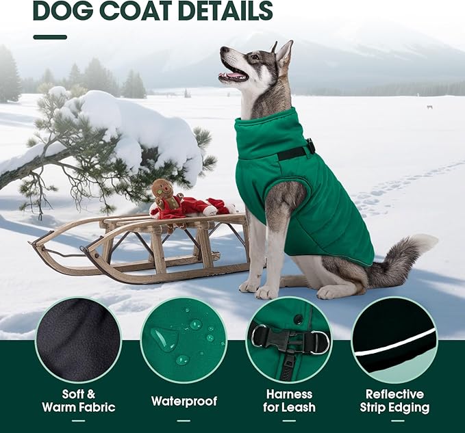 Kuoser Dog Jacket, Warm Dog Coat with Harness Built in for Small Dogs, Puppy Winter Jacket Pet Clothes for Cold Weather, Windproof Doggie Winter Vest for Chihuahua Yorkie, Green XS