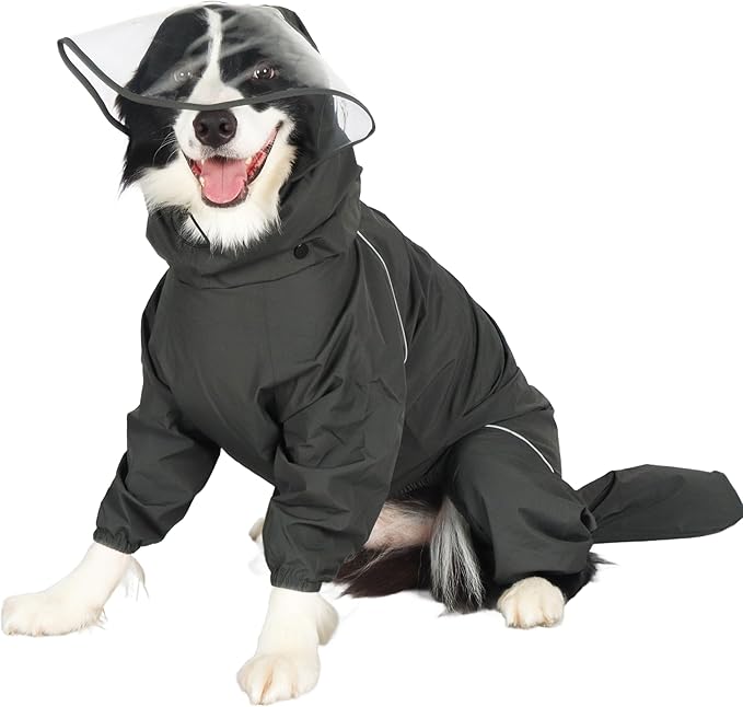Dog Raincoat for Medium Large Dogs,rain Jacket Coat, Full Leg Coverage Waterproof Rain Suit with Detachable Hood & Tail, Reflective Strips, Snag-Free Top Zipper (Green for Boy, Large)