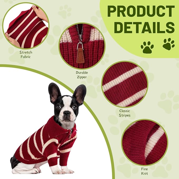 Small Dog Sweater with Zipper, Knitted Striped Pullover Dog Clothes for Cold Weather, Thick Warm Cozy Stretchy Sweater for Chihuahua, Bulldog, Dachshund, Pug(Red & White Strip, XL)