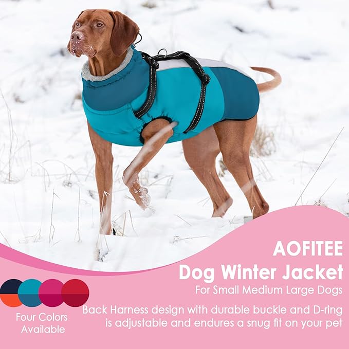 AOFITEE Dog Coat, Windproof Turtleneck Dog Jacket with Built in Harness, Reflective Dogs Jackets with Fleece Lining, Waterproof Pet Winter Coat for Cold Weather for Border Collie, Beagle, Turquoise XL