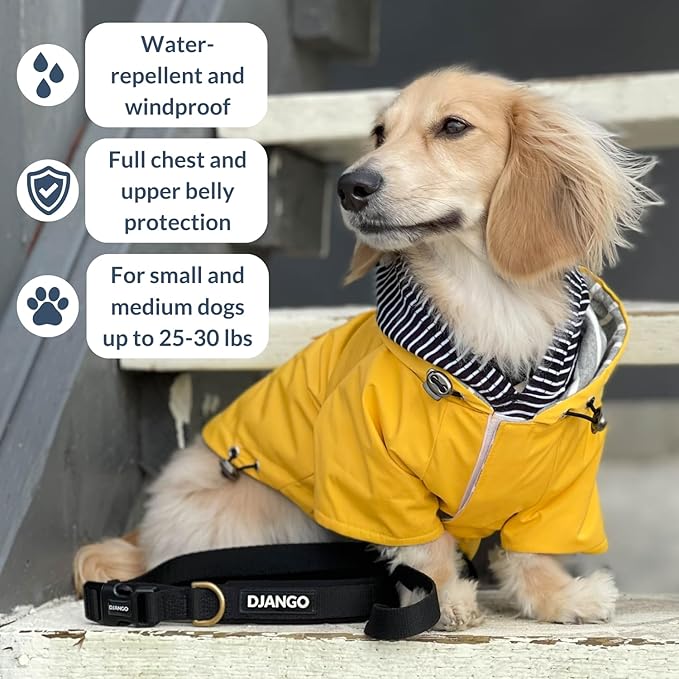 DJANGO Highland Dog Jacket & Raincoat – Water-Repellent, Lined Dog Coat with Hood, Adjustable Fit & Harness Hole – Lightweight Rain & Wind Jacket for Small & Medium Dogs up to 30 lbs (Yellow, X-Small)