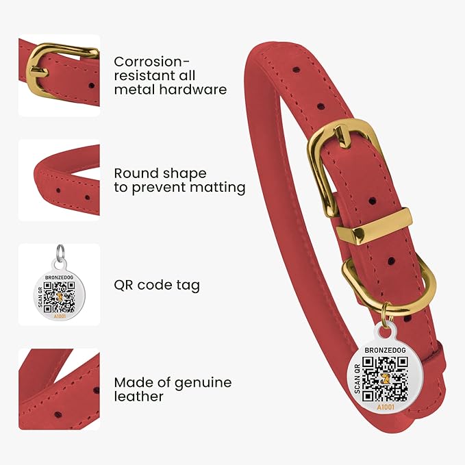 BronzeDog Rolled Leather Dog Collar with QR ID Tag, Adjustable Soft Round Collars for Small Medium Large Dogs Puppy (16" - 19" Neck Size, Coral Pink)