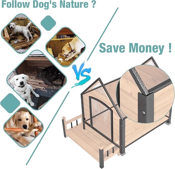 Dog House with Heating Pad, Weatherproof Outdoor Kennel for Large Dogs, Chew-Resistant Iron Frame & Asphalt Roof (Wood, XL)