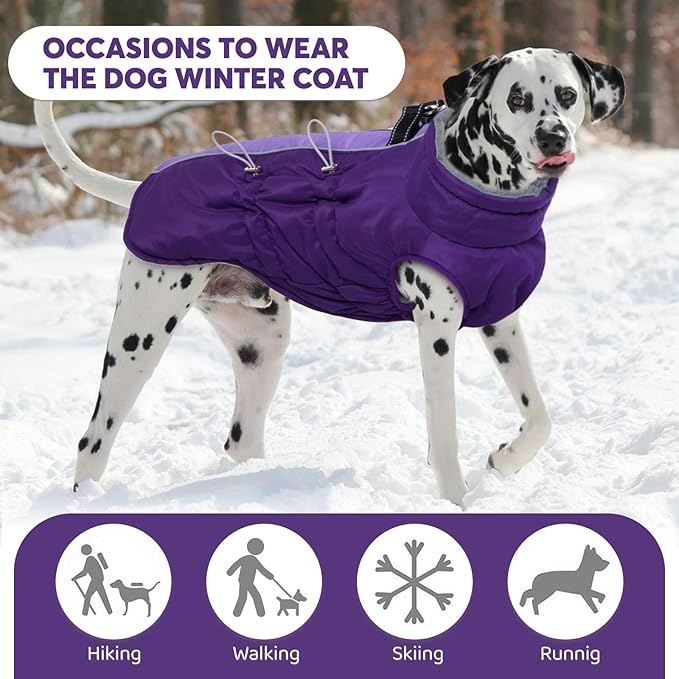 IDOMIK Warm Dog Coat with Harness, Waterproof Reflective Dog Jackets for Small Medium Large Dogs, Fleece High Collar Winter Jacket with Zipper, Pet Winter Snowsuit Clothes for Cold Weather,Purple XL