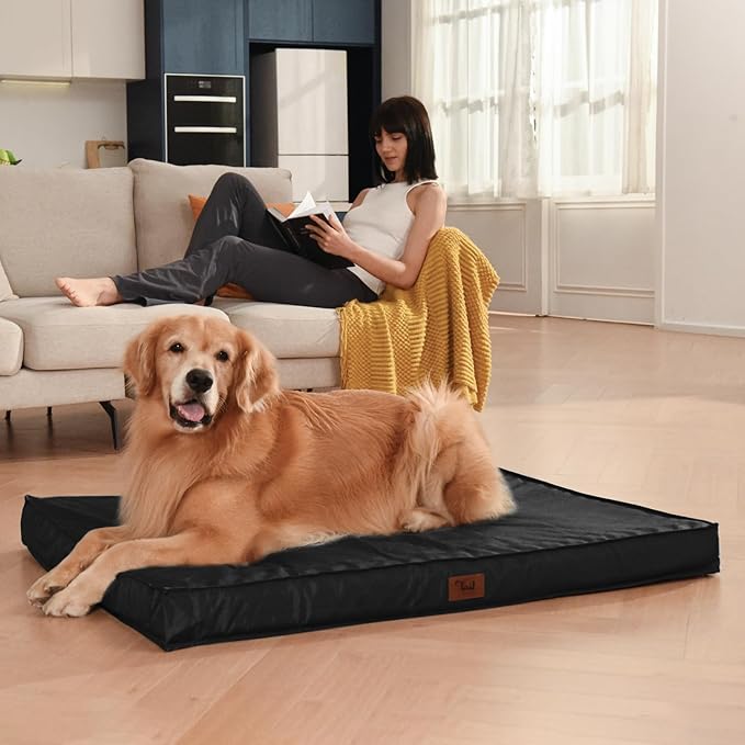 Outdoor Extra Large Dog Bed, Jumbo Waterproof Dog Bed for Large Dogs, Orthopedic Egg Crate Foam Pet Mat with Removable Oxford Cooling Cover, Black