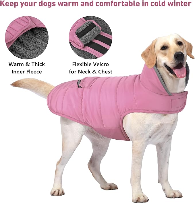 Dog Coat, Waterproof Dog Winter Jacket with Pocket, Reflective Adjustable Pet Snow Vest, Warm Cozy Fleece Sweater for Small Medium Extra Large Dogs - Light Pink, XL