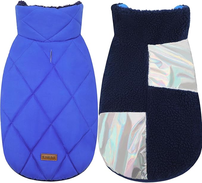 EMUST Dog Jacket, Warm Reversible Dog Winter Coat with Fleece Lining, Thick Plush Puppy Coats, Royal Blue, XL