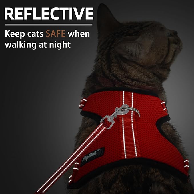 PUPTECK Cat Harness and Leash Set Escape Proof, Reflective Adjustable Soft Mesh Kitten Vest Harness for Walking Travel, Red, M