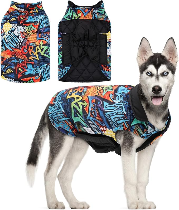 GMF32L CuteBone Dog Winter Jacket, Windproof & Waterproof, Thick, Adjustable, Reversible, Soft, Recommended for Small, Medium, Large Dogs; Leash Hole for Easy Walking