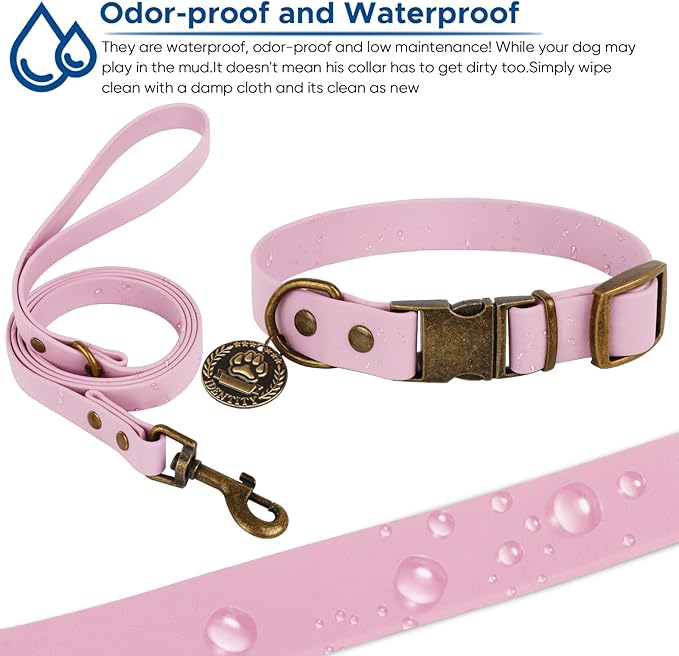 Wisedog Dog Collar and Leash Set, Waterproof Adjustable Puppy Collars with Cute Tag 6FT Dog Leash with Poop Bag for Small Medium Large Dogs (S, Pale Pinkish Purple)