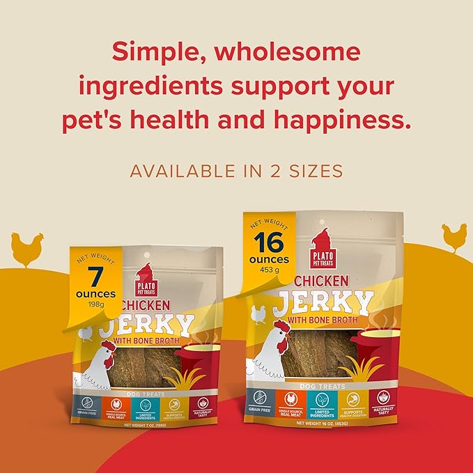 PLATO Pet Treats Jerky Dog Treats - Air-Dried Jerky for Dogs - Delicious, Real Meat Dog Treats - Grain Free - Supports Healthy Digestion - Chicken Jerky with Bone Broth 16oz