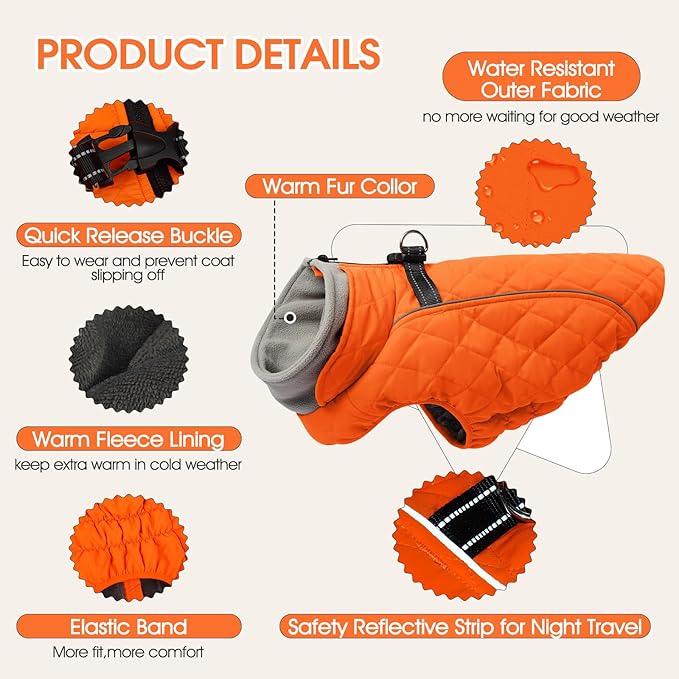 Dog Coat with Harness Built in -Orange,2XL- Fleece Lined Dog Snow Jacket Snowsuit，Adjustable Reflective Winter Warm Cold Weather Coat
