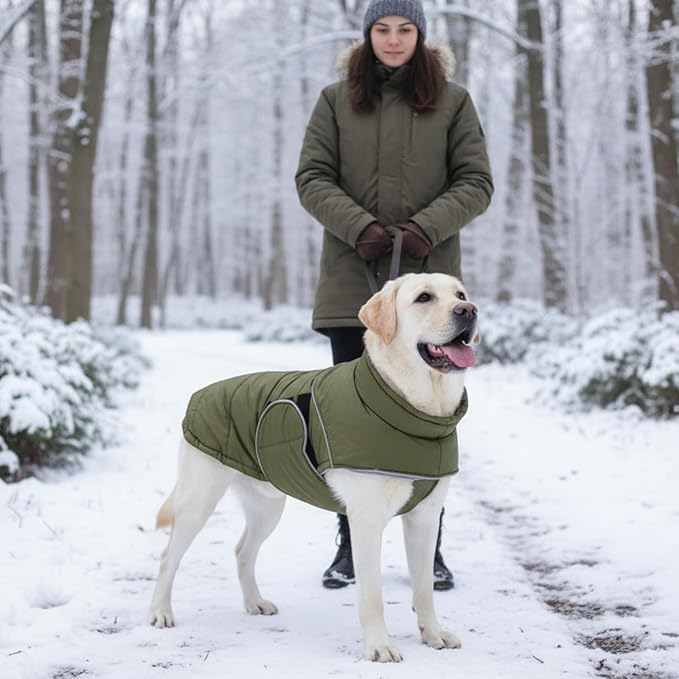 ASENKU Extra Warm Dog Coat - Winter Jacket with Fleece, Reflective, Adjustable, Zippered Leash Hole for Large Dogs (Green, 4XL)