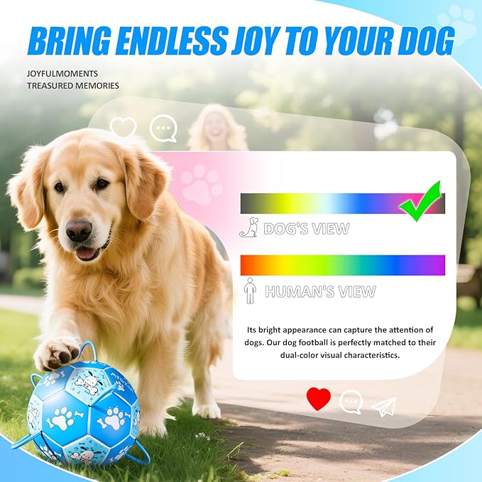 Size 2 Blue Dog Soccer Ball with Straps Eye-Catching Bone and Paw Print Design, Ultra-Durable Training Ball for Pets Interactive Outdoor Dog Toy, Perfect for Small to Medium Puppies