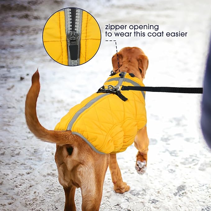 FUAMEY Dog Coat for Small Dogs,Waterproof Dog Winter Jacket with Harness Built in Puppy Cold Weather Coats Reflective Pet Vest with Zipper Warm Fleece Dogs Snowsuit Windproof Yellow S