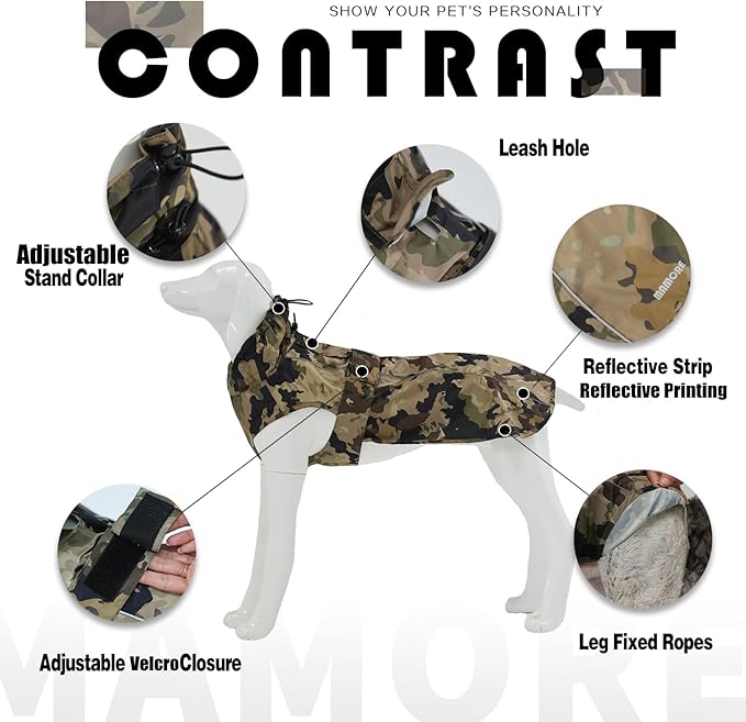 Waterproof Dog Raincoat with Reflective Strip, Adjustable Breathable Rain Coat Jacket with Leash Hole for Dogs (Camo, X-Large)