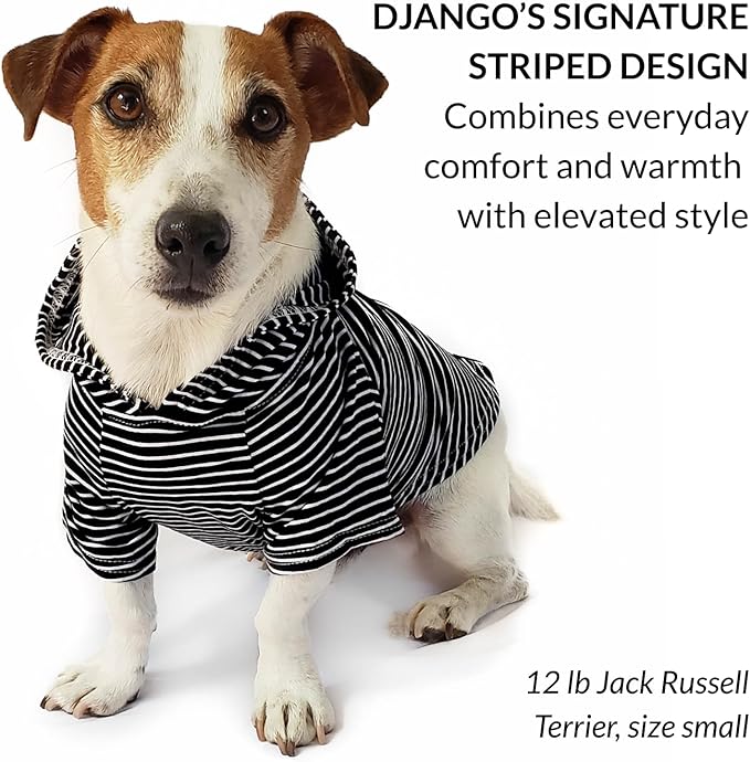 DJANGO Dog Hoodie – Warm, Lightweight, Soft & Stretchy Dog Sweater with Hood, Harness Hole & Elastic Waistband – Cozy Sweatshirt for Small Dogs up to 25 lbs, Dachshunds & Puppies – Black, X-Small