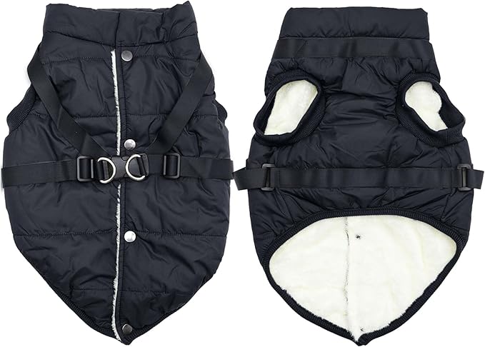 Dog Jacket with Harness,Fleece Lined Warm Puppy Coat for Winter,Soft Windproof Small Dog Vest,Black S