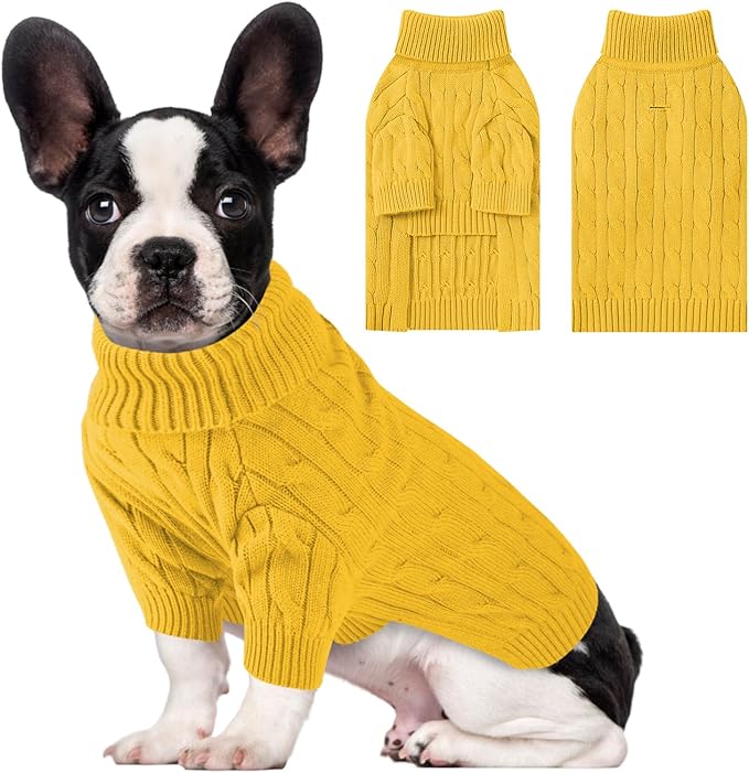 Small Dog Thermal Pullover Sweater, Classic Turtleneck Cable Knitwear Dog Clothes for Cold Weather Warm Pet Clothes for Chihuahua, Bulldog, Dachshund, Pug Yellow Medium
