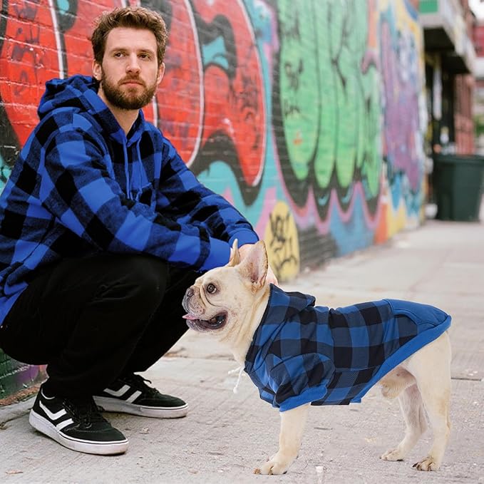 KOOLTAIL Plaid Dog Hoodie Pet Clothes Sweater with Hat and Pocket for Small Medium Large Size Dogs, Soft Winter Warm Dog Cold Weather Coat, Fleece Fall Dog Hooded Sweatshirt for Puppy Cats, Blue S