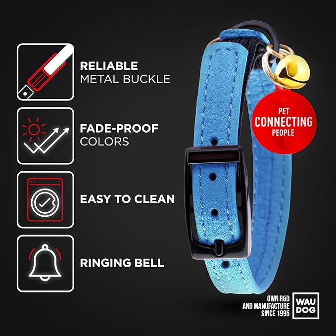 Leather Cat Collar with Bell and Safety Elastic Strap Breakaway Alternative for Small & Large Kittens, Stylish Pet Leather Collar for Boy, Girl Cats with Metal Buckle & QR ID Tag (Blue)