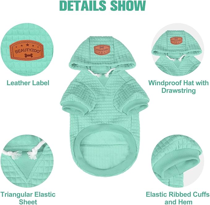 BEAUTYZOO Small Dog Hoodie Sweater with Pockets, Dog Clothes for Small Medium Dogs Boy Girl, Waffle-Like Laminated Cotton Pet Coats with Hat and Leash Hole, Mint Green L