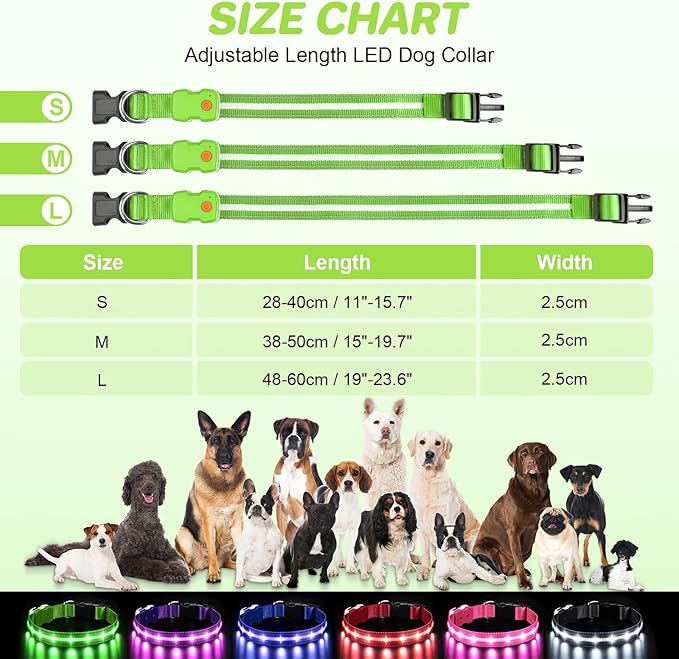 PcEoTllar Light Up Dog Collars, Led Dog Collar, Rechargeable, Night Walking, Waterproof, Glow in The Dark Dog Collars Light for Large Small Medium Dogs, Green s