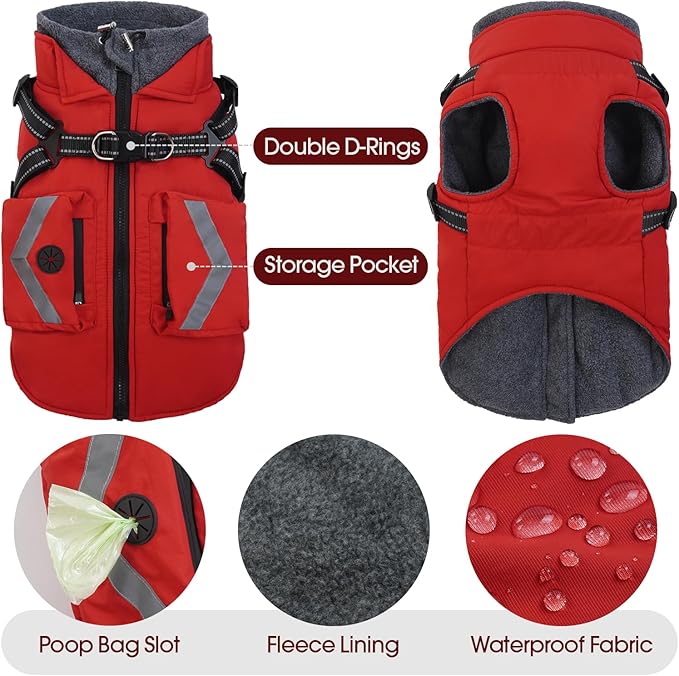 FUAMEY Dog Waterproof Winter Coat, Warm Dogs Jacket Reflective, Pet Fleece Lined Vest with Pockets, Cold Weather Clothes for Doggy, Dog Coats with Built in Harnesses, Schnauzer (Red, M)