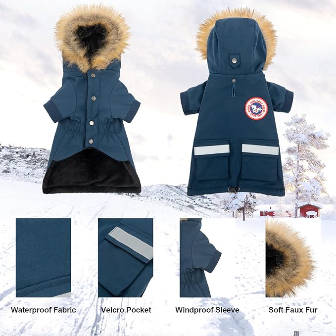 PINA Dog Coats for Small Dogs, Waterproof Dog Jacket, Dog Winter Coat Jacket, Warm Dog Cold Weather Coats, Windproof Reflective Dog Hoodie with Pocket, Flannel Lining Dog Snow Coat with Faux Fur Hood