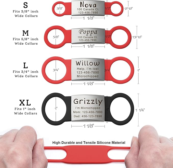 Anavia Slide On Silent Pet ID Tags, S/M/L/XL Personalized Multi-Color Silicone Band Cat Dog Name Tags, Customized Engraved Stainless Steel, Chew-Proof Quiet Dog Collar Tags (Medium, Black)