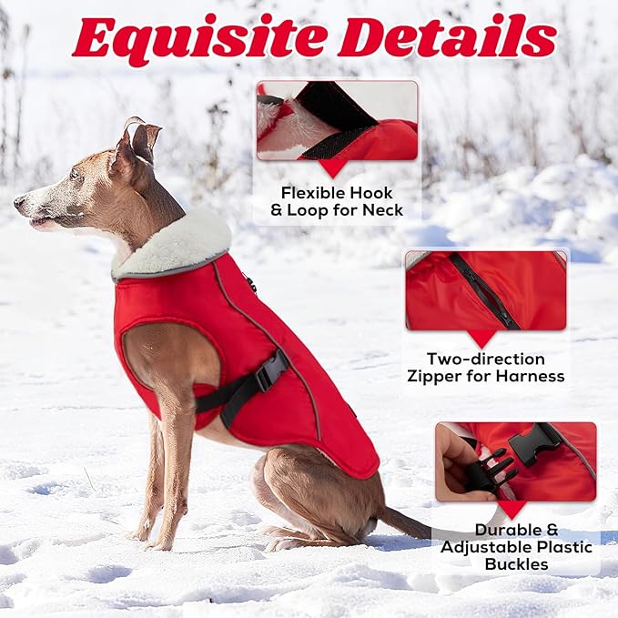 EMUST Dog Coat, Waterproof Pet Snow Jacket for Winter, Adjustable Small/Medium/Large Dog Coat/s for Winter, Red, L