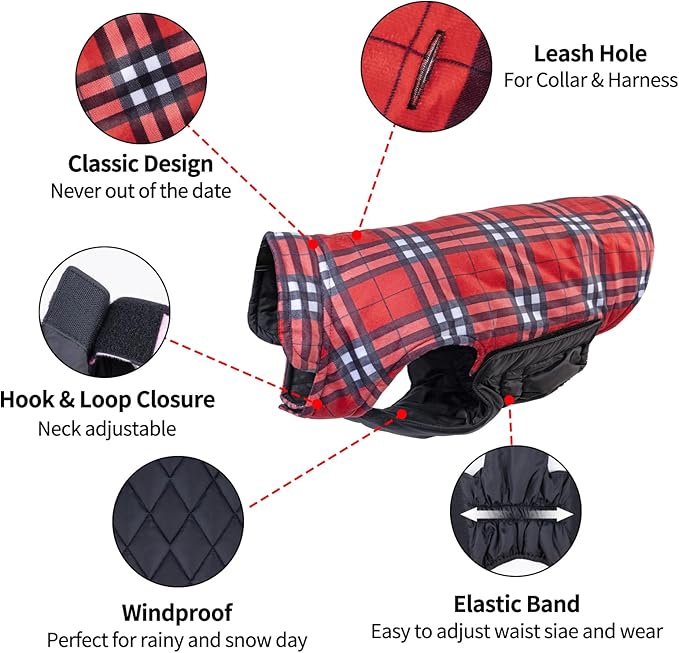 CuteBone Winter Dog Jacket - Reversible, Windproof & Waterproof - Thick, Soft Coat with Leash Hole - Sizes S, M, L - Perfect for Cold Weather