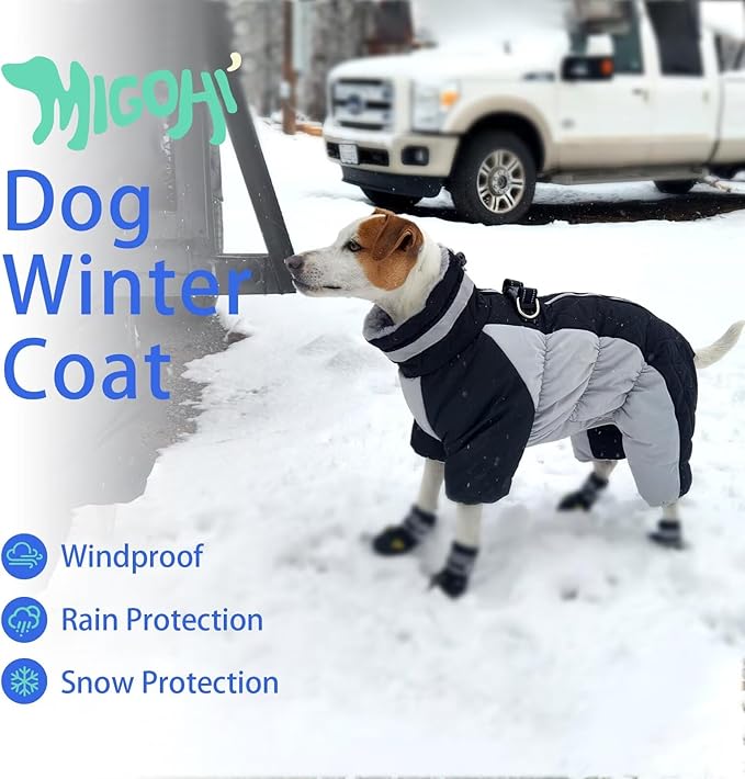 MIGOHI Full Body Dog Coat - Warm Reflective Large Dog Winter Coat with Harness,Turtleneck Fleece Jacket for Dogs,Four-Leg Windproof Puffer Jackets Snowsuit with Zipper for Small Medium Large Dogs,3XL