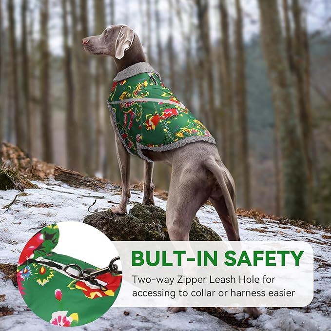 VIVAGLORY Snowrap Dog Coat, Jacket with Harness Hole & Velcro Closure, Dog Coat for Winter & Cold Weather, Fluffy Warm Fleece Lined Reflective Water Resistant for Puppy, L, Northeast Florals-Green