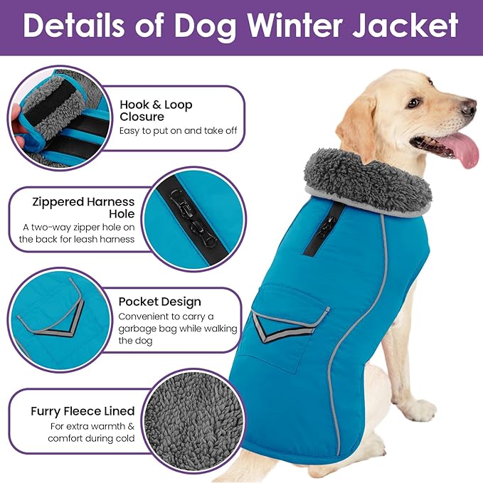 SUNFURA Dog Coat, Large Dog Jacket Reflective Winter Coat for Cold Weather, Windproof Pet Snow Jacket with Pocket, Warm Fleece Sweater Clothes for Large Dogs, Turquoise L