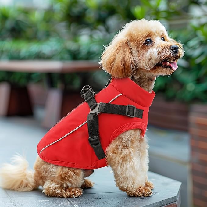 Dog Winter Coat Reflective Water-Resistant Jacket, Fleece Lined Windproof Puppy Coat with Back Zipper & D-Ring, Cold Weather Dog Coats for Small Medium Large Dogs (L, Red)