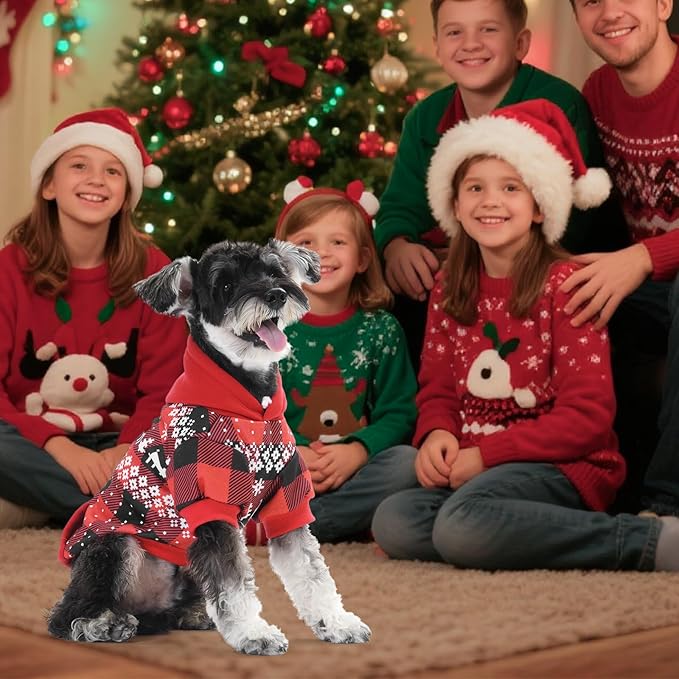 KOOLTAIL Christmas Dog Hoodie,Red Plaid Pet Clothes Sweater with Leash Hole&Pocket for Small Medium Large Dogs, Soft Winter Warm Dog Cold Weather Coat, Fleece Puppy Hooded Sweatshirt for Boys Girls, M
