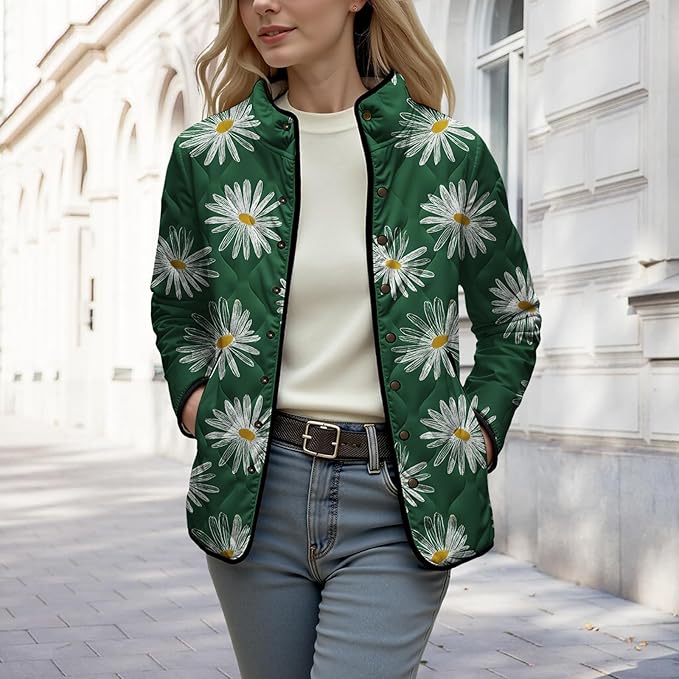 LIZALIG Women's Cropped Puffer Jacket Lightweight Floral Print Long Sleeve Padded Quilted Puffy Cardigan Coat