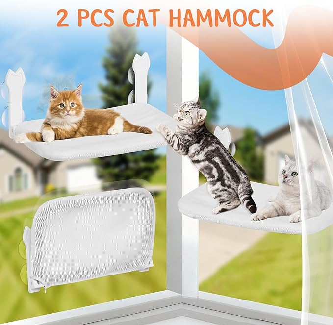 Cat Window Hammock 2-Pack,Foldable Cat Perch with Suction Cups & Metal Frame,Holds up to 40 lbs - Durable & Secure for Cats,Features 2-Sided Cushion & Easy Storage for Sunny Lounging(White)
