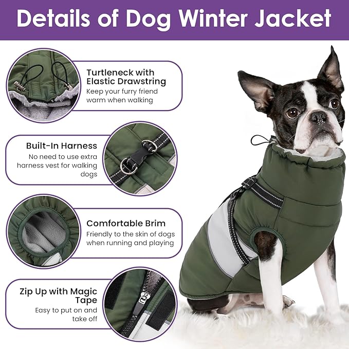 SUNFURA Dog Coat, XXXL Dog Jacket Winter with Harness Built in, Waterproof Pet Snow Jacket with Furry Collar for Chilly Day, Reflective Fleece Snowsuit for Extra Large Dogs, Army Green 3XL
