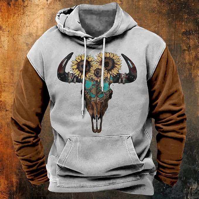HOTYD Mens Western Aztec Sweatshirts Long Sleeve Fall Fashion Drawstring Pullover Vintage Graphic Cowboy Hoodie for Men